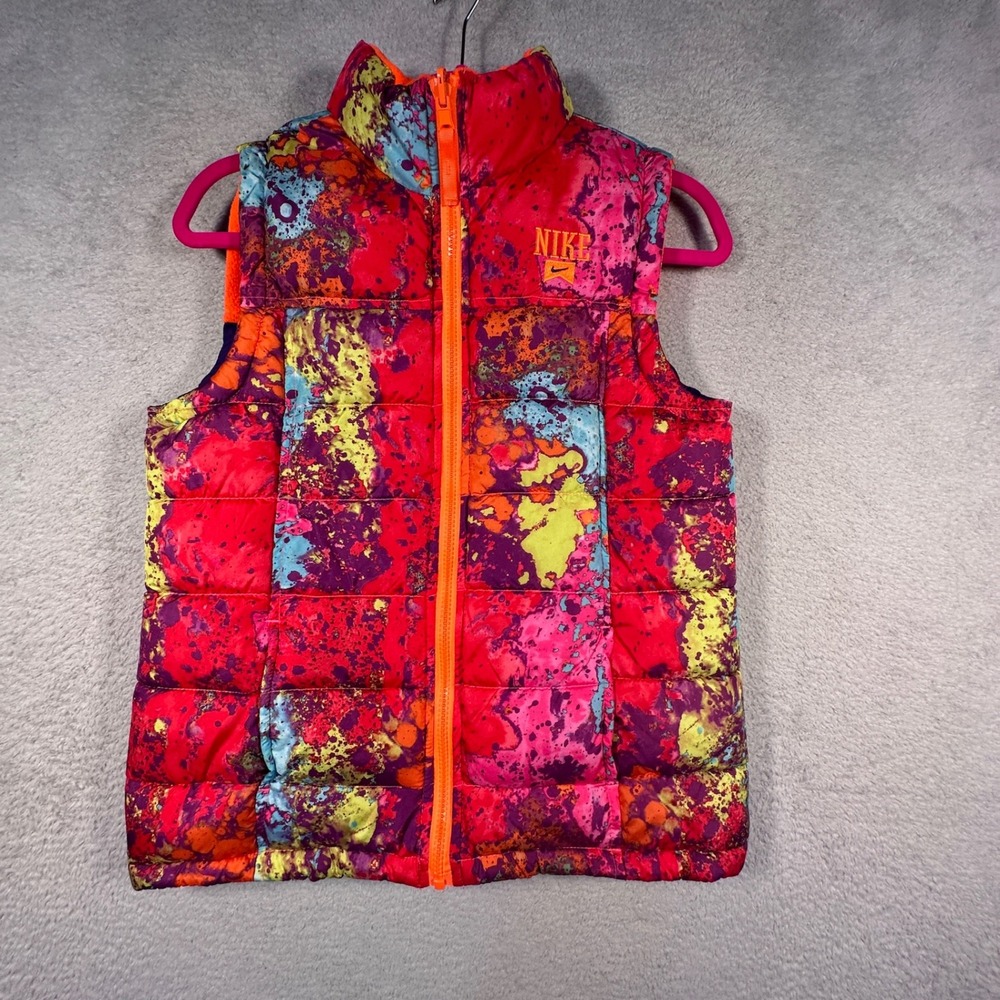 Nike Reversible Puffer Vest Kids L 12-13 Yrs Colorful‎ Print Orange Purple